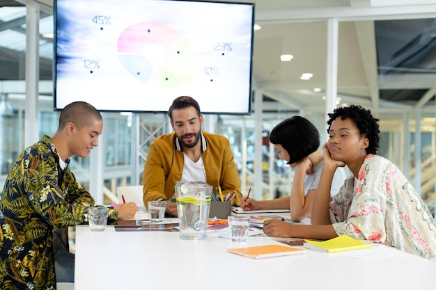 A group of Colombian entrepreneurs meeting in a modern office space, discussing export strategies and market research. The image represents the collaborative effort and planning involved in successful exporting.