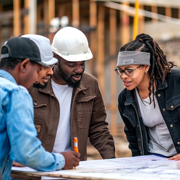 A diverse group of Colombian construction workers discussing plans on a construction site for a social housing project, wearing hard hats and reflective vests, with unfinished buildings in the background.