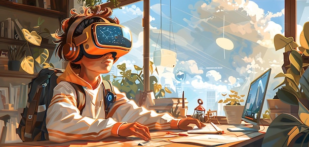 A futuristic illustration of a student using VR glasses to experience an immersive learning environment, surrounded by holographic projections of educational content, showcasing the potential of VR in education.