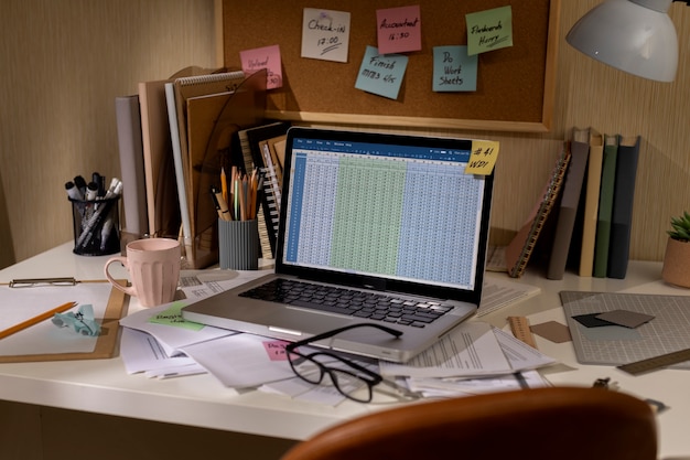 A detailed report showing various credit score factors and numbers, displayed on a laptop screen in a modern office setting.