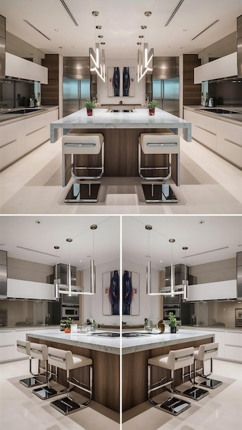 A split-screen image. On one side, a before picture of a dimly lit, outdated kitchen. On the other side, an after picture of a modern, renovated kitchen with new appliances and bright lighting.