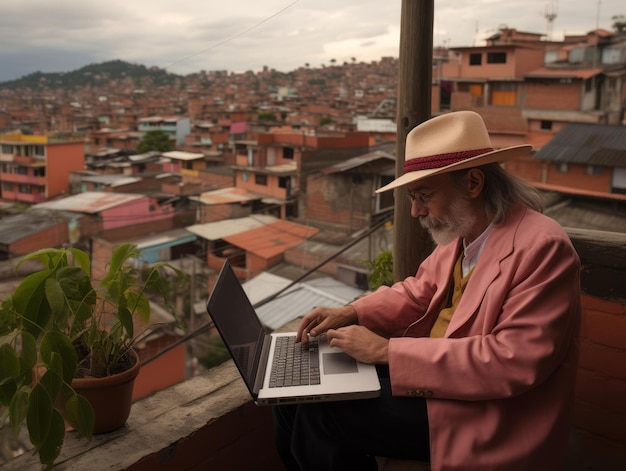 A close-up shot of a Colombian business owner analyzing local SEO analytics on a laptop, with a map of Colombia subtly visible in the background, emphasizing the importance of geographical targeting.