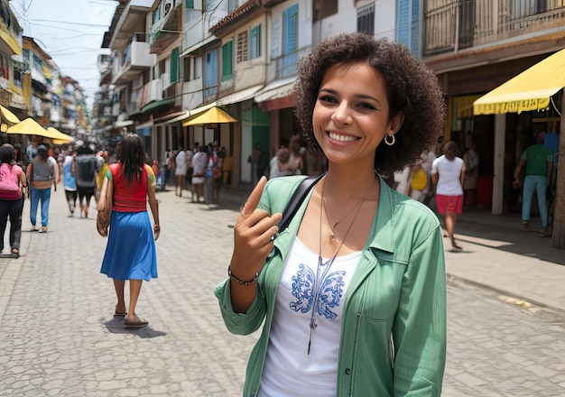 A close-up shot of a business owner in Colombia shaking hands with a smiling customer. The background is a blurred view of a typical Colombian street scene.