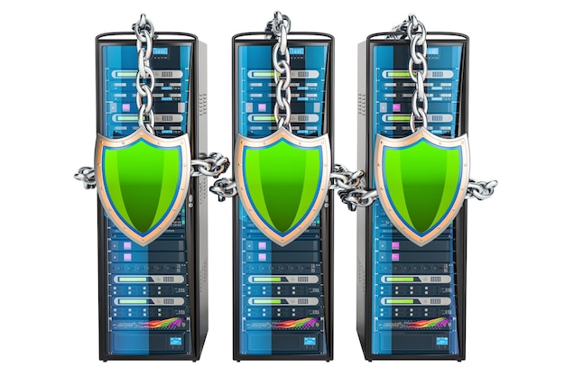 A graphic representation of a network security system in action. There is a central server protected by a firewall, various antivirus icons around different computers, and automated email filtering in place. The image uses a vibrant color palette and modern design elements to convey the idea of layered security.